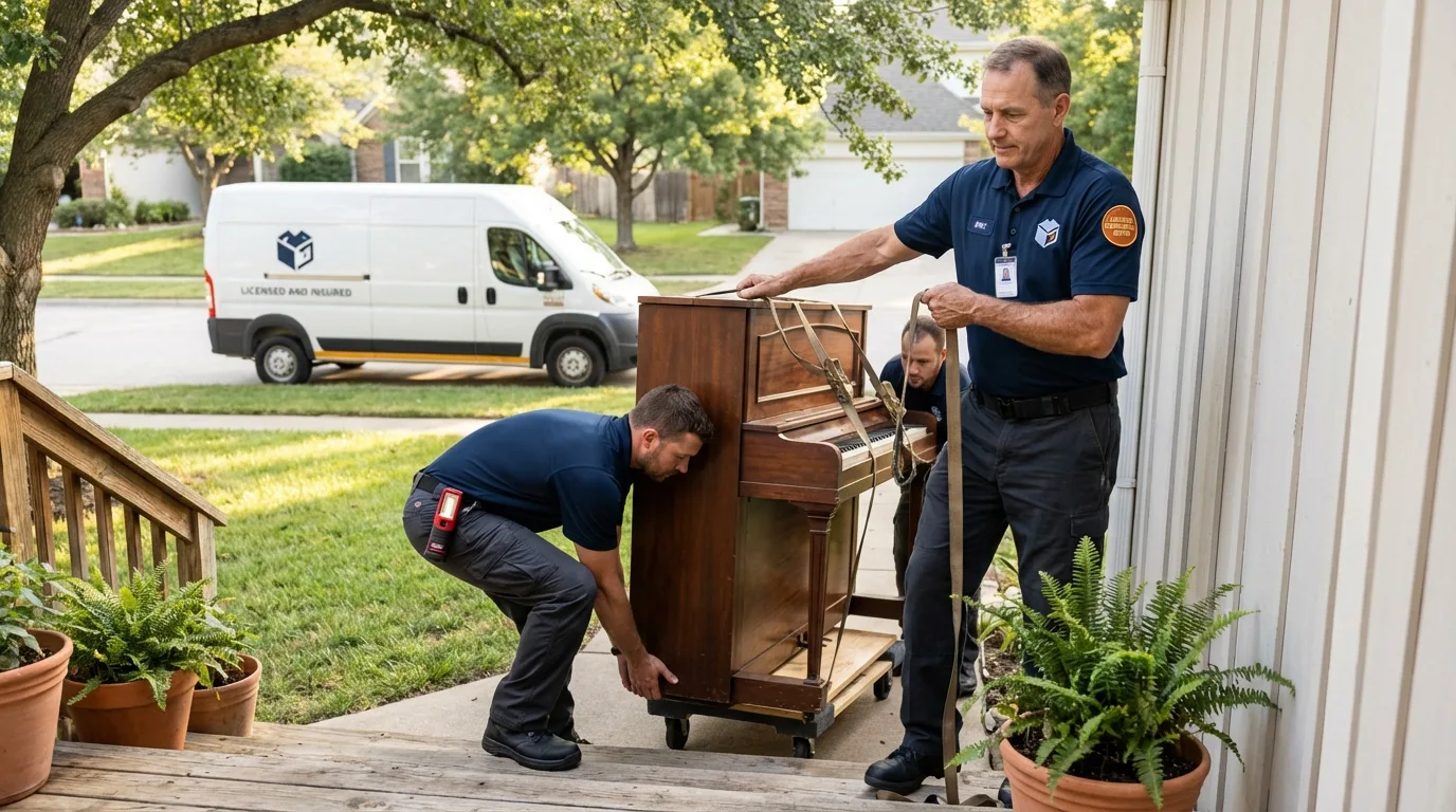 Licensed piano movers securing grand piano in Olathe, KS