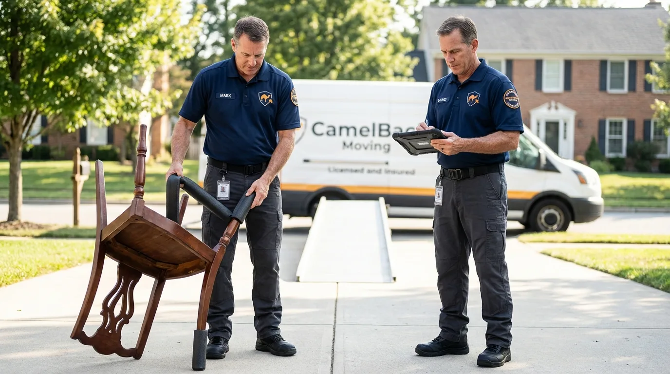 Movers inspecting furniture for damage prevention before loading in Olathe, KS