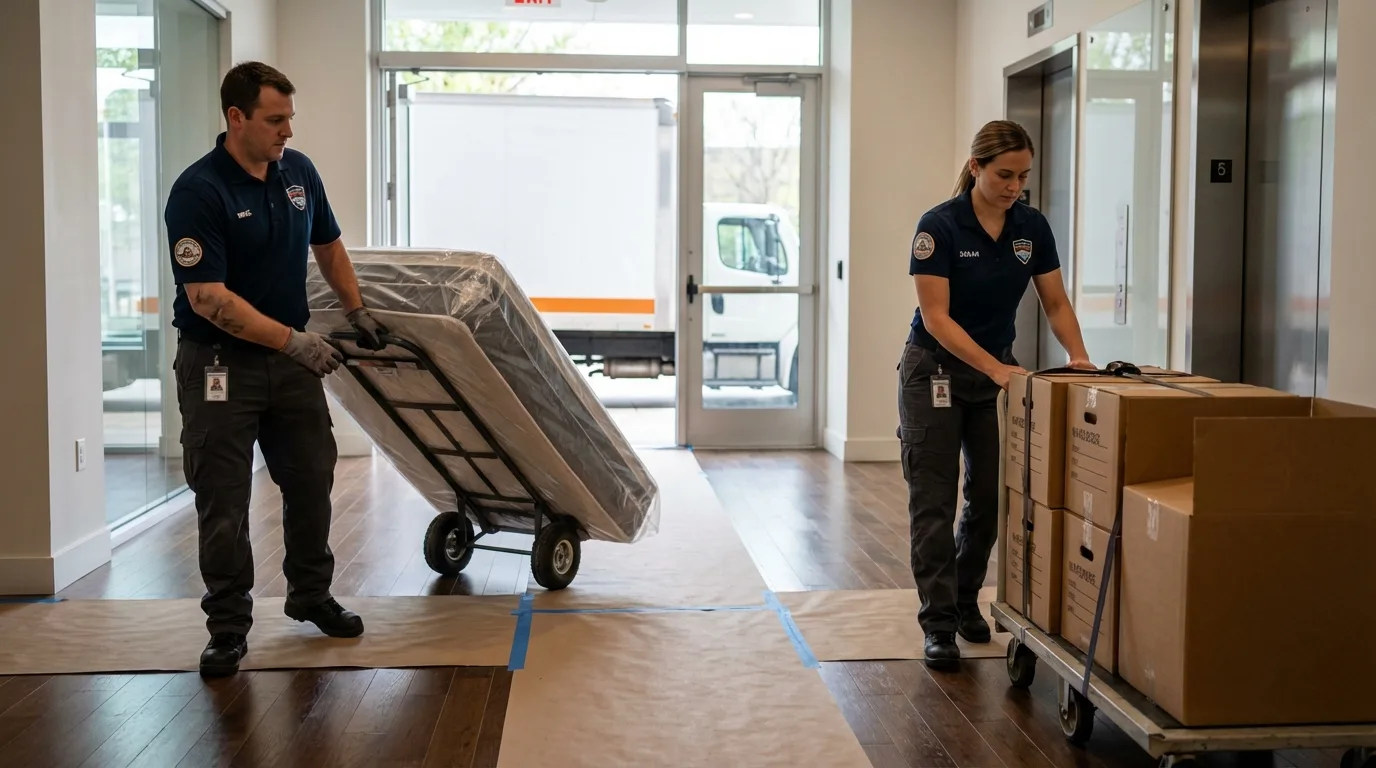 Professional apartment movers loading elevator in Olathe, KS